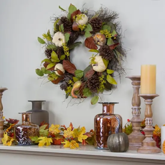 24" Pumpkin, Pinecone & Gourd Grapevine Thanksgiving Wreath {3}