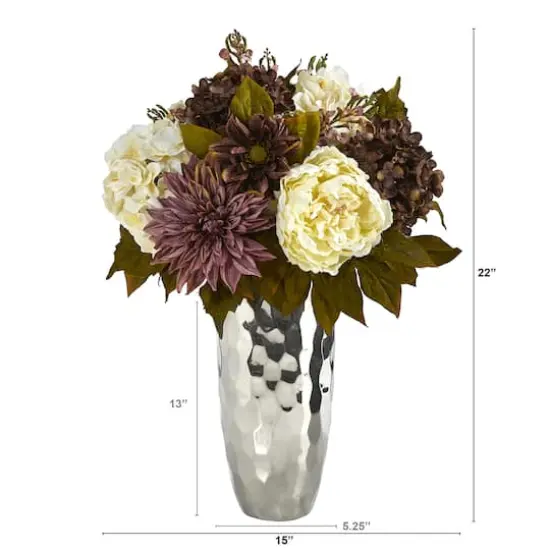 22" Peonies, Hydrangeas & Dahlias in Silver Vase {3}