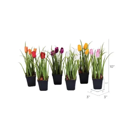 10" Artificial Tulips in Black Plastic Planters Pots, 6ct. {4}