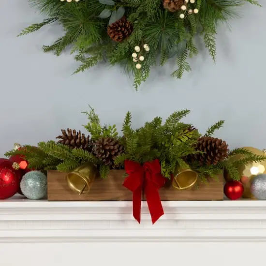 27" Christmas Bells Cypress & Pinecone Centerpiece in Wood Planter {3}