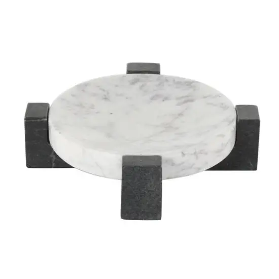 8.25" White Marble Round Tray with Black X-Shaped Base {7}