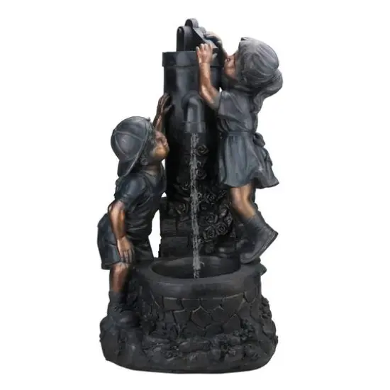 29" Bronze Children at the Water Pump Well Outdoor Garden Water Fountain {1}