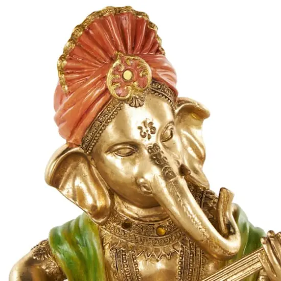 10.75" Gold Ganesh Musician Decorative Sculpture with Green, Yellow, and Red Accents {5}