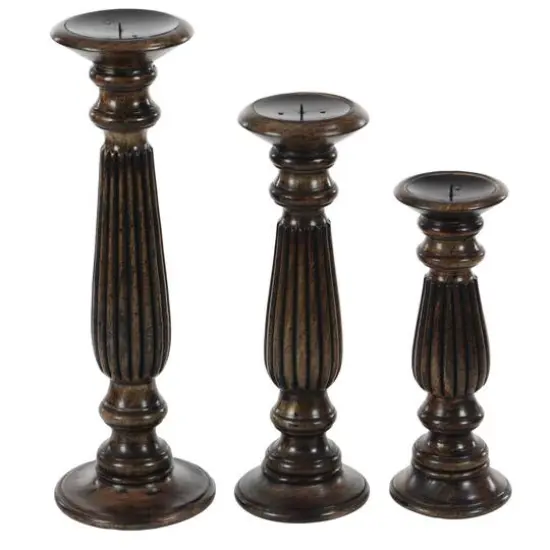 Dark Brown Mango Wood Traditional Candle Holder Set, 3ct. {6}