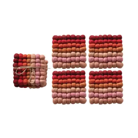 Hello Honey&reg; 4" Red, Pink & Blush Handmade Wool Felt Ball Coaster Set {1}