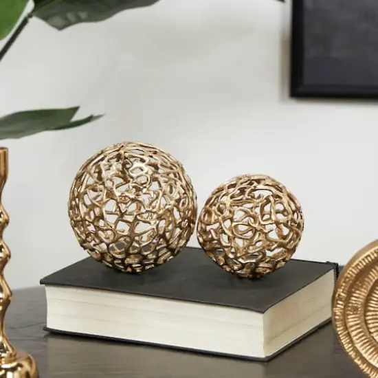 Open Lattice Work Aluminum Decorative Ball Orbs & Vase Filler Set Gold {3}