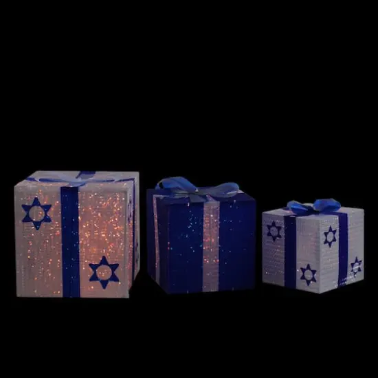 White & Blue Lighted Hanukkah Gift Box Decoration Set {3}