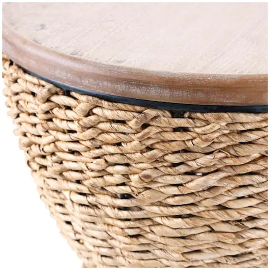 19" Rattan Woven Stool with Wood Tabletop and Black Frame Medium Brown {5}