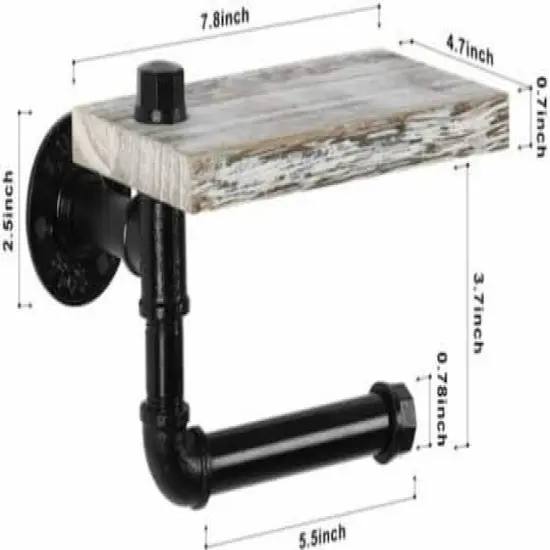 Black Industrial Wall-Mounted Rustic Toilet Paper Holder with Wood Shelf {3}