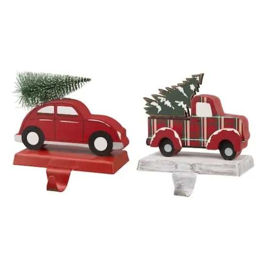 Glitzhome® Wooden & Metal Red Car & Truck Stocking Holder Set {1}