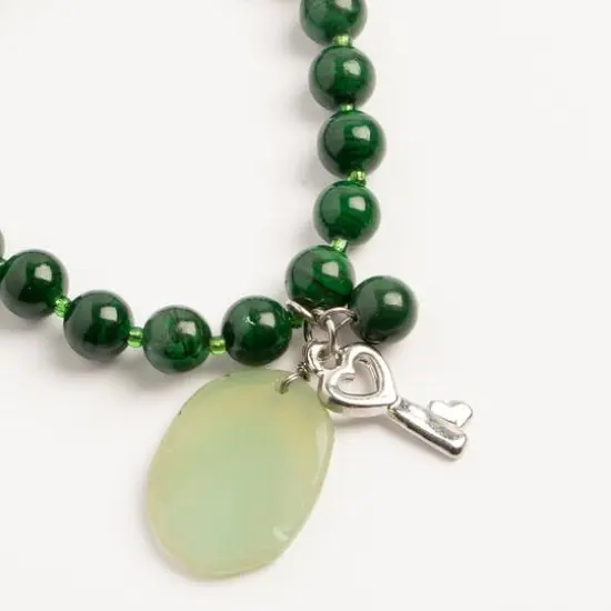 John Bead Malachite Natural Stone Stretch Bracelet with Agate & Key Charm {3}