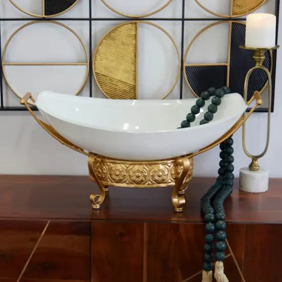 CosmoLiving by Cosmopolitan 24" White Glass Kitchen Serving Bowl with Gold Metal Scroll Stand {3}