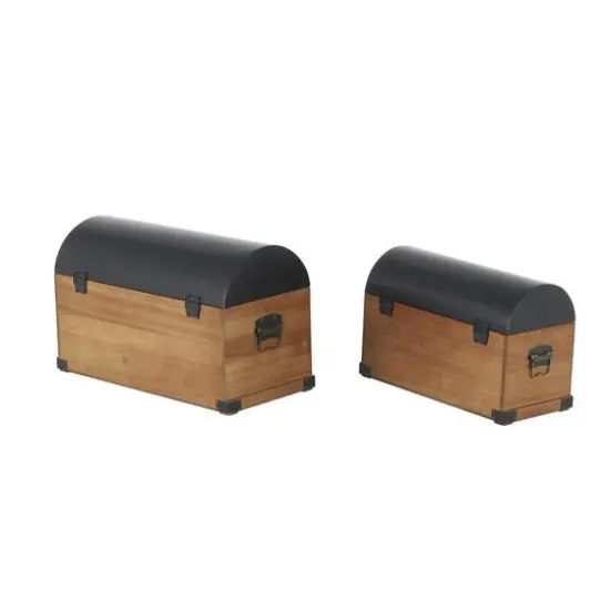 Brown Studded Storage Trunk with Black Metal Arched Tops & Vertical Strips Set {7}