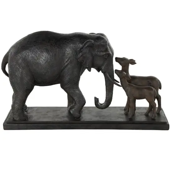 19.75" Black Elephant Walking Sculpture with Dark Brown Deer {1}