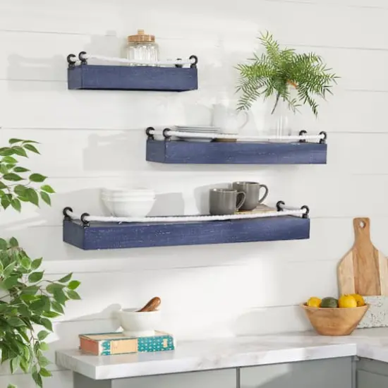 Set of 3 Blue Wood Contemporary Wall Shelves 32", 25", 17" {7}