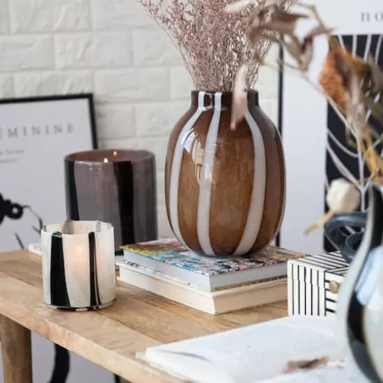 Hello Honey&reg; 4" Striped Glass Votive Candle Holder Cream and Black {5}