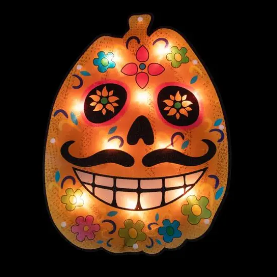 15" Lighted Sugar Skull Pumpkin Halloween Window Silhouette {4}