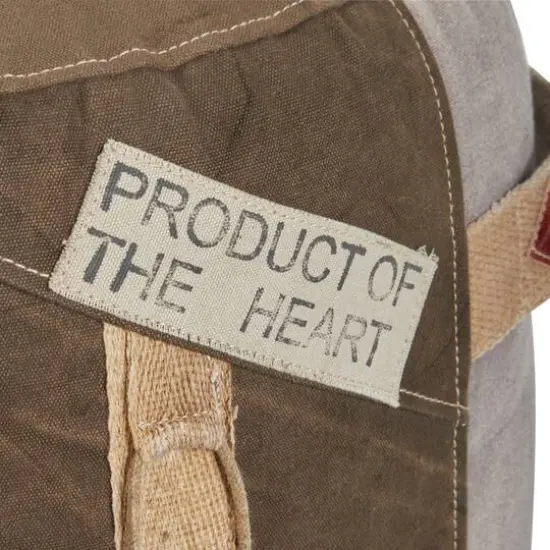 Brown Canvas and Leather Rustic Pouf, 19" x 17" x 17" {6}