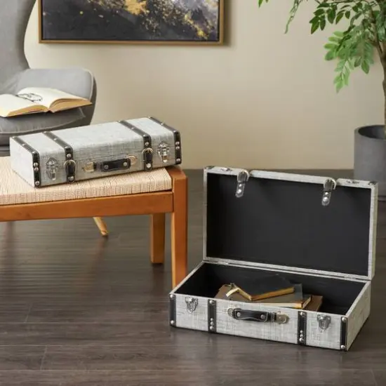 Gray Fabric Woven Storage Decorative Trunk with Silver Latches & Buckles Set {9}