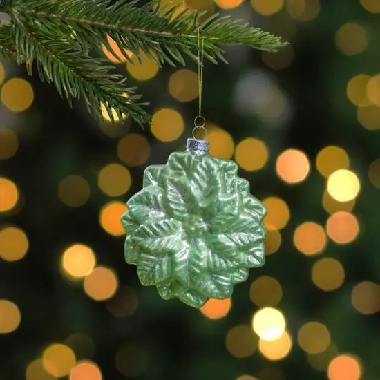 4" Glittered Green Poinsettia Flower Glass Christmas Ornament {6}