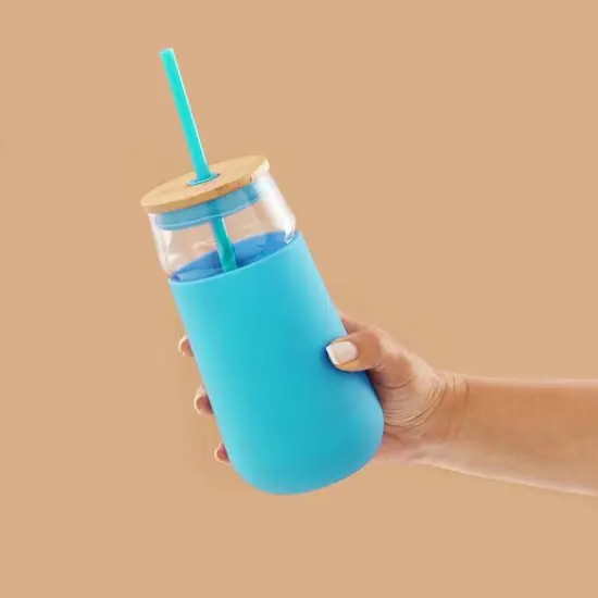 JoyJolt&reg; 20oz. Glass Tumbler with Straws & Silicone Sleeve Aqua {9}
