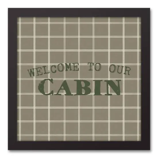 Welcome To Our Cabin Taupe and White Check Canvas Wall Art in Black Frame {1}