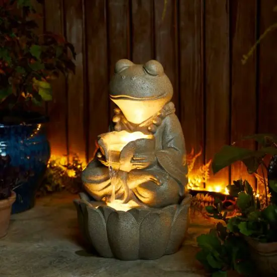 Glitzhome&reg; 21.75" Sand Beige Zen-Style LED 2-Tier Frog Outdoor Fountain {8}