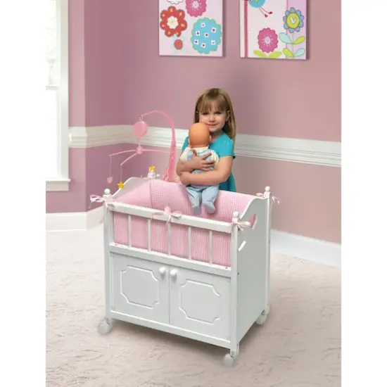 Badger Basket White & Pink Cabinet Doll Crib with Gingham Bedding {3}