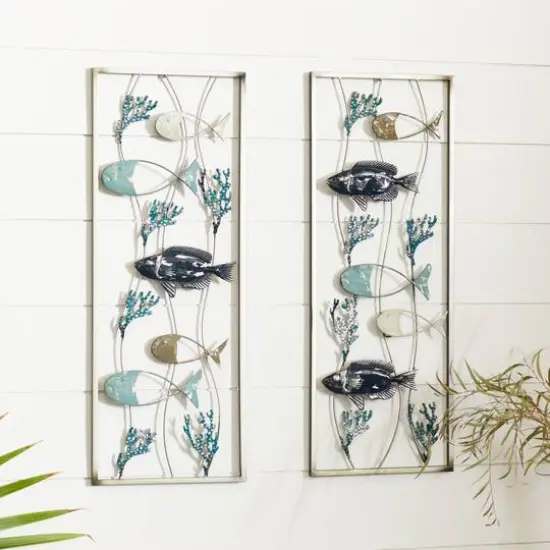 Set of 2 Blue Metal Coastal Fish Wall Decor, 11" x 29" {7}