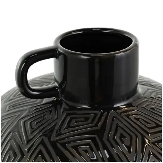 19" Black Ceramic Vase with Geometric Etchings {7}