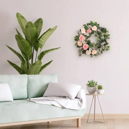 24" Pink Spring Camellia, Baby's Breath & Rose Wreath {6}