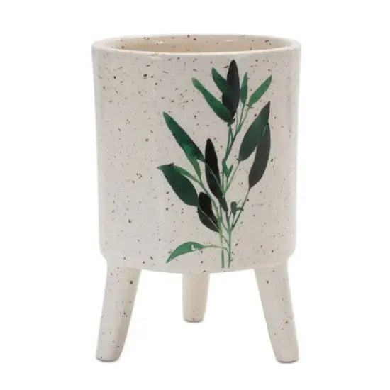 6" Footed Green Foliage Print Dolomite Planter Set {5}