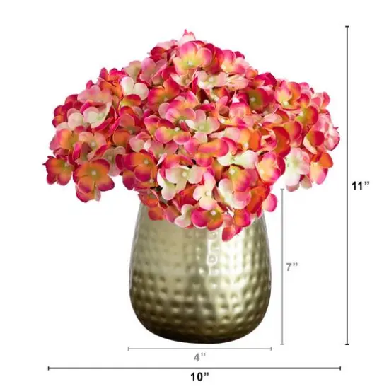 11" Pink Hydrangea Arrangement in Gold Metal Vase {6}
