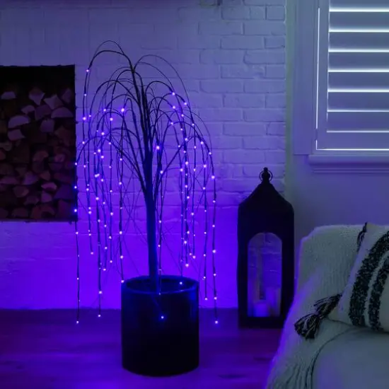 4ft. Orange & Purple LED Pre-Lit Halloween Black Willow Artificial Fall Tree {8}