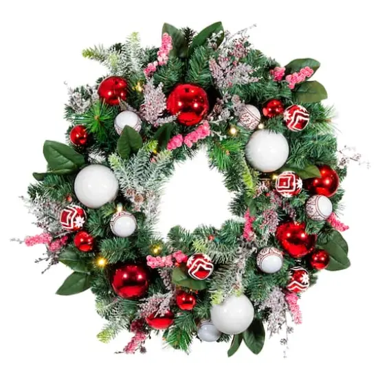 Village Lighting 30" Pre-Lit Nordic Christmas Wreath, Red & Clear LED Lights {1}