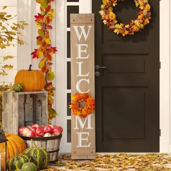 Glitzhome® 5ft. Brown Welcome Wood Porch Sign with 4 Changeable Wreaths {4}