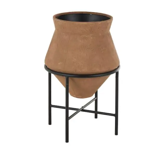 24.5" Brown Metal Wide Decorative Vase with Black Stand {10}