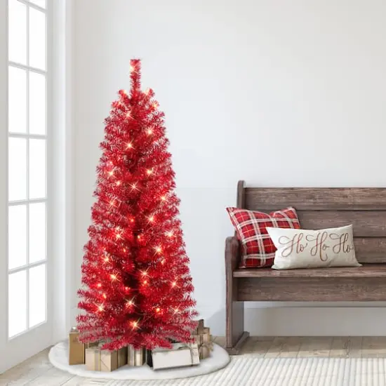 4.5ft. Pre-Lit Red Tinsel Artificial Christmas Tree, Clear Lights {3}