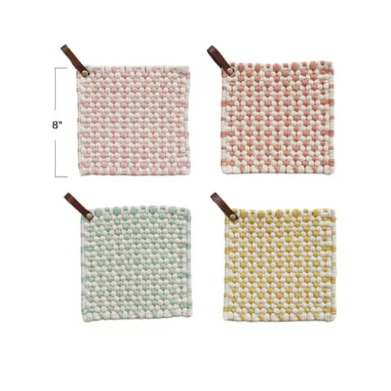 Hello Honey® Light Hue Cotton Crocheted Pot Holders with Leather Loops Set {4}