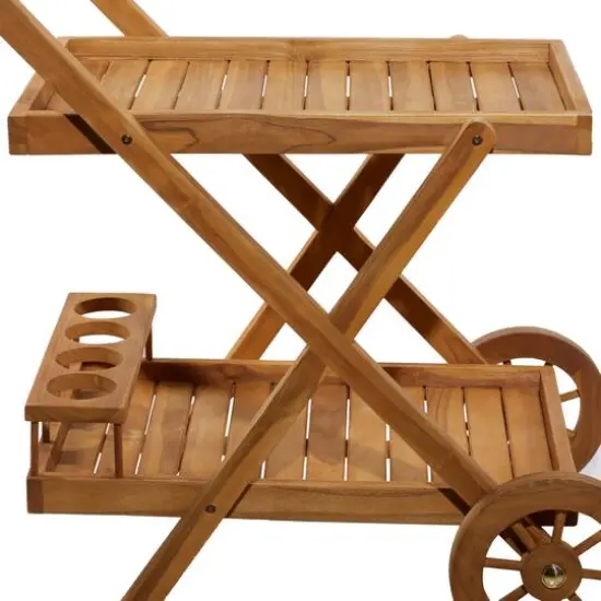 Brown Teak wood Traditional Outdoor Rolling Serving Cart, 32" x 32" x 21" {7}