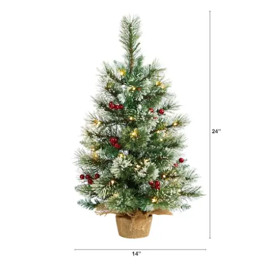 2ft. Pre-Lit Flocked Pine & Berry Artificial Christmas Tree in Burlap Base, Warm White LED Lights {3}