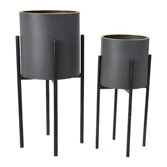 Hello Honey&reg; Charcoal Grey & Black Boho Metal Planters with Gold Rim & Stands Set {10}
