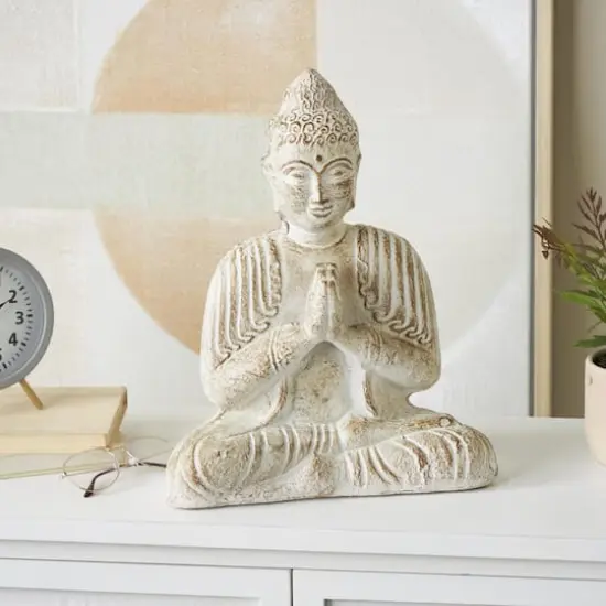 16" Cream & Brown Distressed Handmade Paper Mache Buddha Sculpture {3}