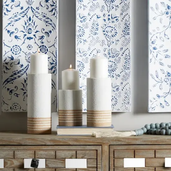 White Metal Striped Pillar Candle Holder Set {3}