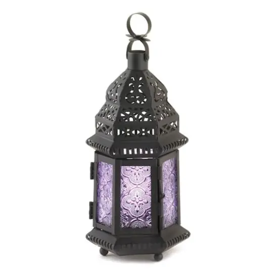 11'' Etched Purple Glass Moroccan Style Hanging Lantern {1}