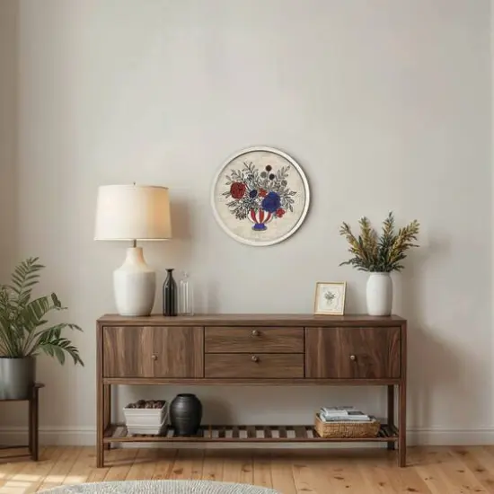 20" x 20" Red, White & Blue Florals Round Framed Print {6}