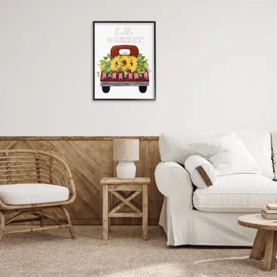 Stupell Industries Hello Summer Quote Sunflower Flower Patriotic Truck Framed Giclee Art Black {3}