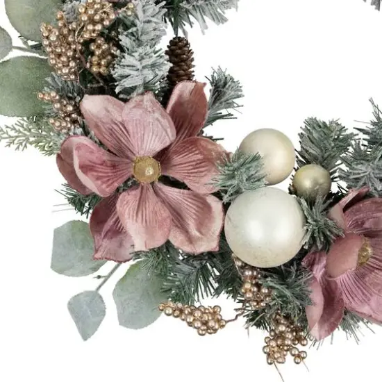 24" Artificial Christmas Decorated Floral Frosted Pine Wreath {7}