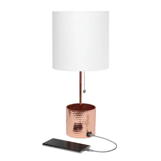Simple Designs 18.5" Hammered Metal Container Base Table Lamp with USB Charging Port White/Rose Gold {7}