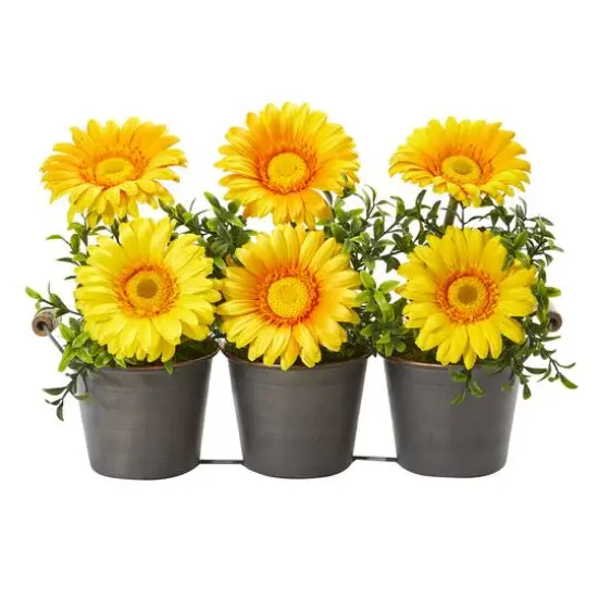 14" Gerbera Daisy Artificial Arrangement in Trio Metal Vase {1}
